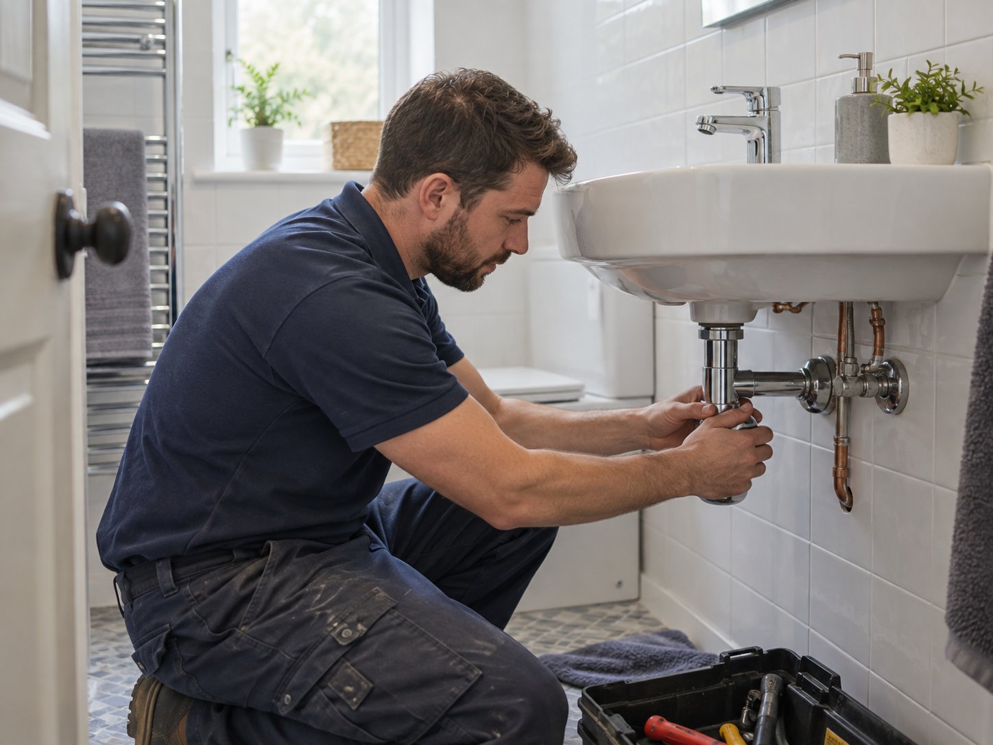 Plumber fitting the pipework beneath a bathroom basin