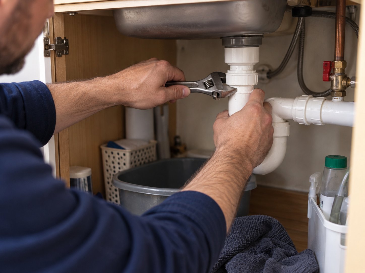 Plumber tightening a pipe connection beneath a kitchen sink