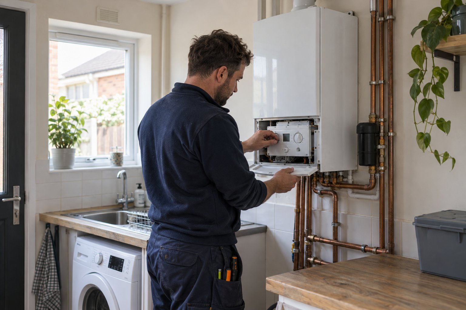 Plumber checking a wall-mounted boiler in a home utility room